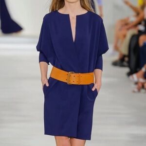 Ralph Lauren Collection Navy Blue Drop Waist Dolman Sleeve Stretch Wool Dress 2